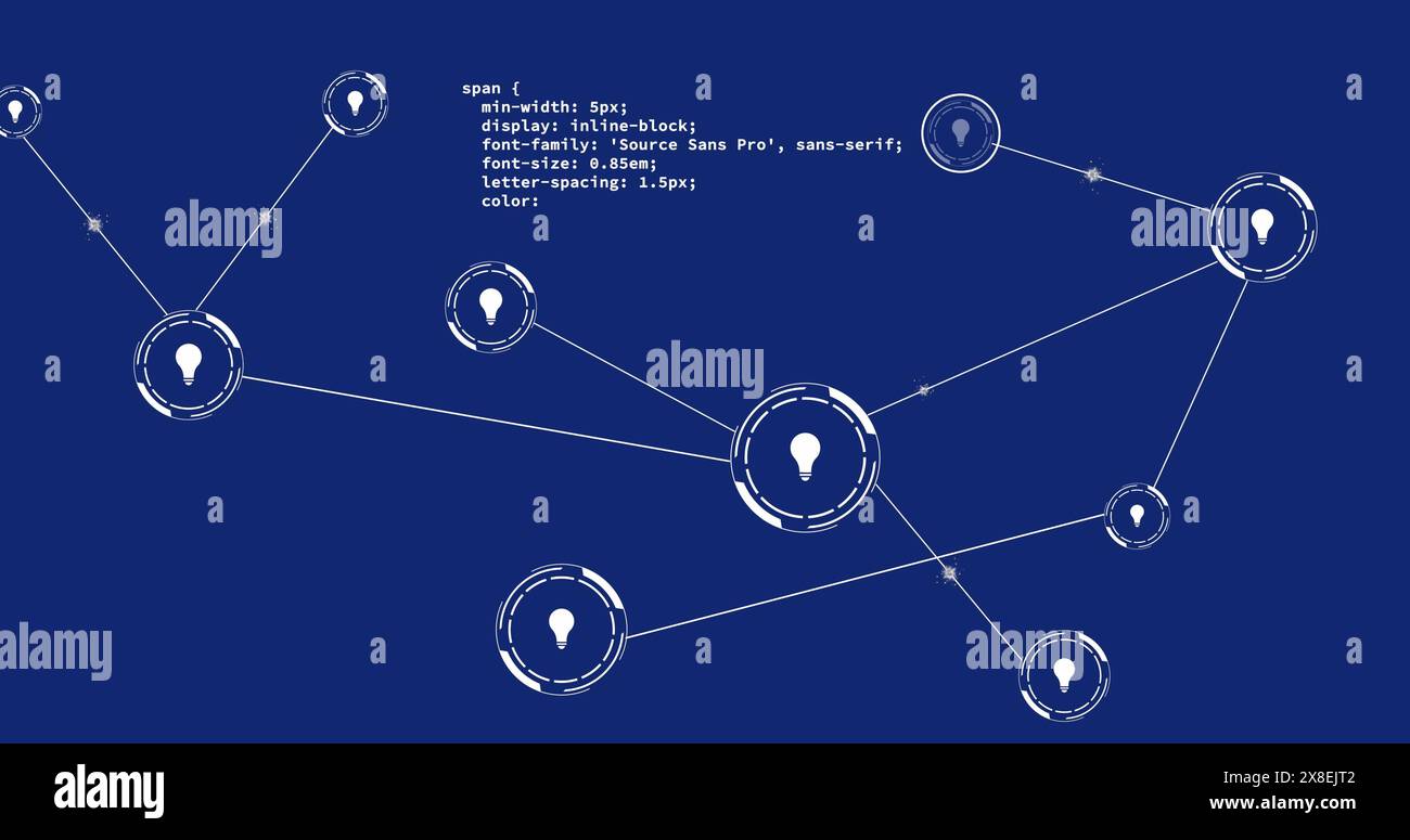 Abbildung der Glühlampensymbole, die mit Linien und Computersprache verbunden sind, auf blauem Hintergrund Stockfoto
