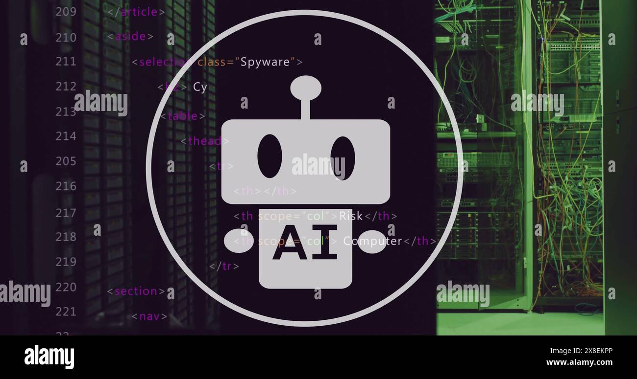 Bild des Roboters und Ai-Text in Kreisen und Computersprache, Datenserversysteme im Serverraum Stockfoto