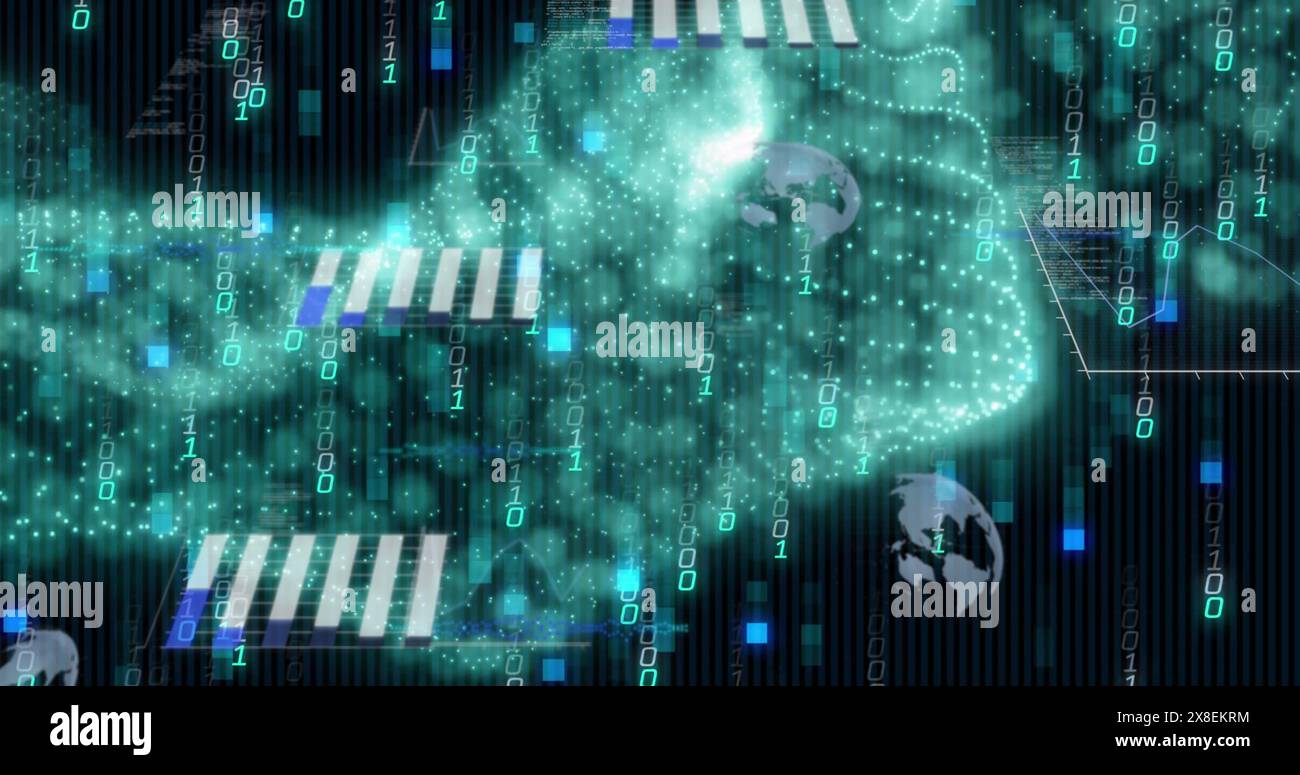 Abbildung von Binärcodes, die sich in Wellenmustern über Globes und Diagramme bewegen Stockfoto