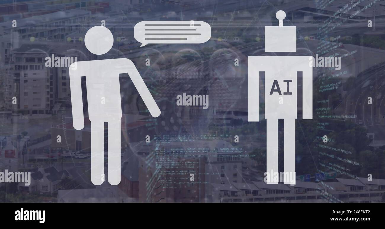 Bild einer menschlichen Ikone und KI-Text im Roboter über Computersprache gegen Kabel Stockfoto