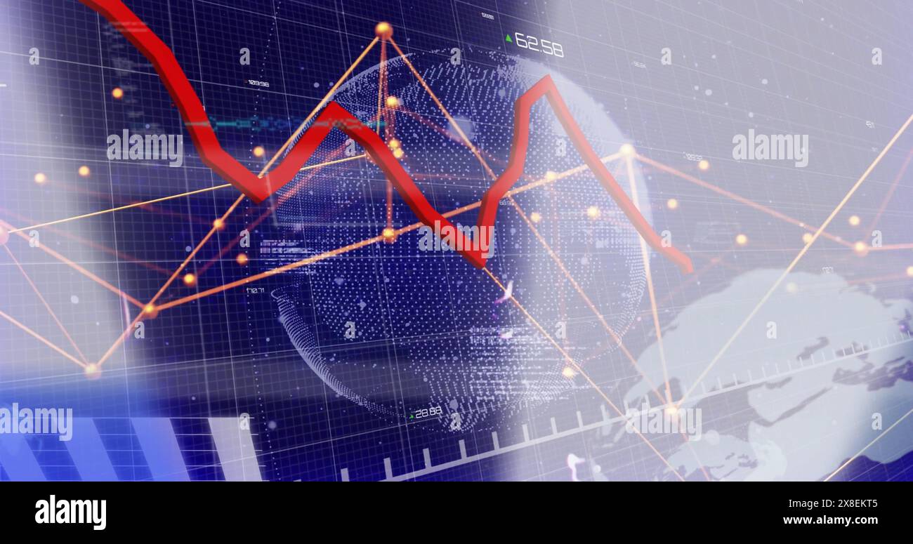 Abbildung eines roten Liniendiagramms, das den Verlust über den Globus mit verbundenen Punkten und Programmiersprache zeigt Stockfoto
