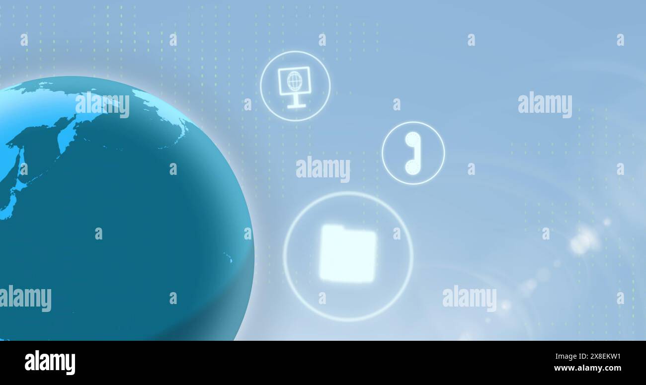 Bild einer sich drehenden Kugel mit verschiedenen Symbolen für mobile Anwendungen auf blauem Hintergrund Stockfoto