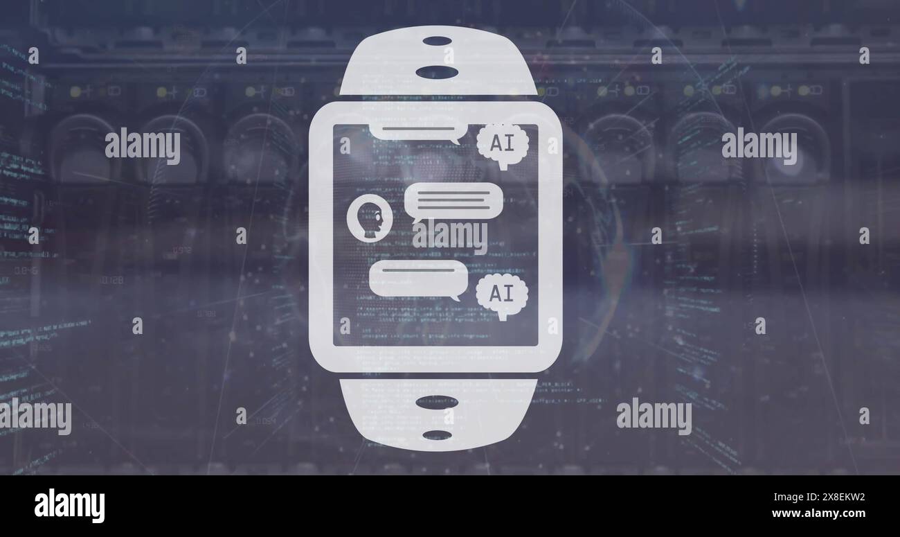 Bild einer AI-Chat-Box in digitaler Überwachung über Computersprache gegen Kabel Stockfoto