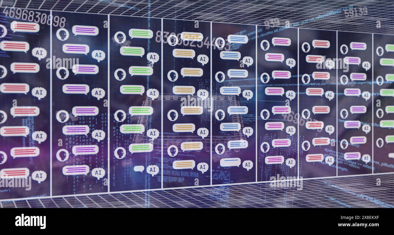Bild von Chatboxen mit KI-Texten, Computersprache und Zahlen über 3D-Gebäudemodellen Stockfoto