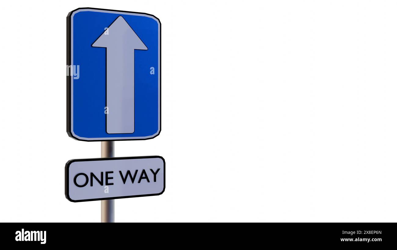 Die 3D-Darstellung ist ein blaues rechteckiges Verkehrsschild mit einem weißen Pfeil und der Aufschrift „ONE WAY“ Stockfoto
