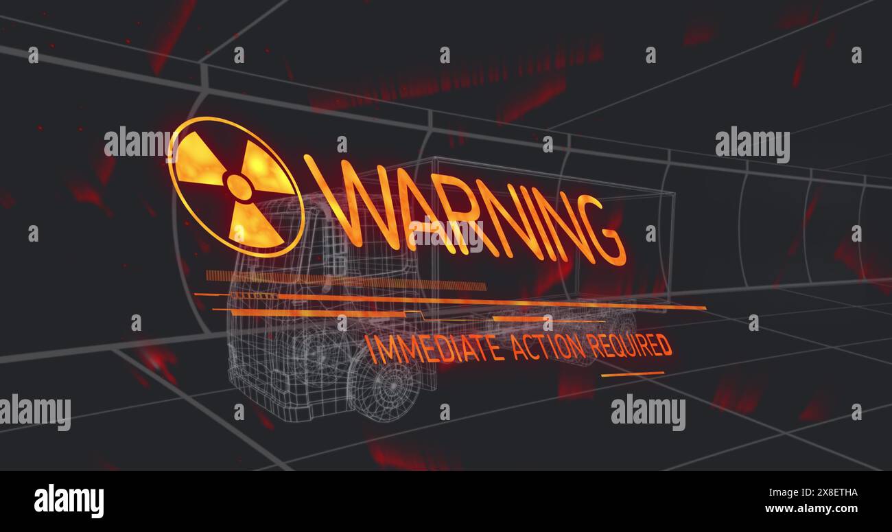 Bild des Warntextes 3D Automodell über Gitter auf schwarzem Hintergrund Stockfoto