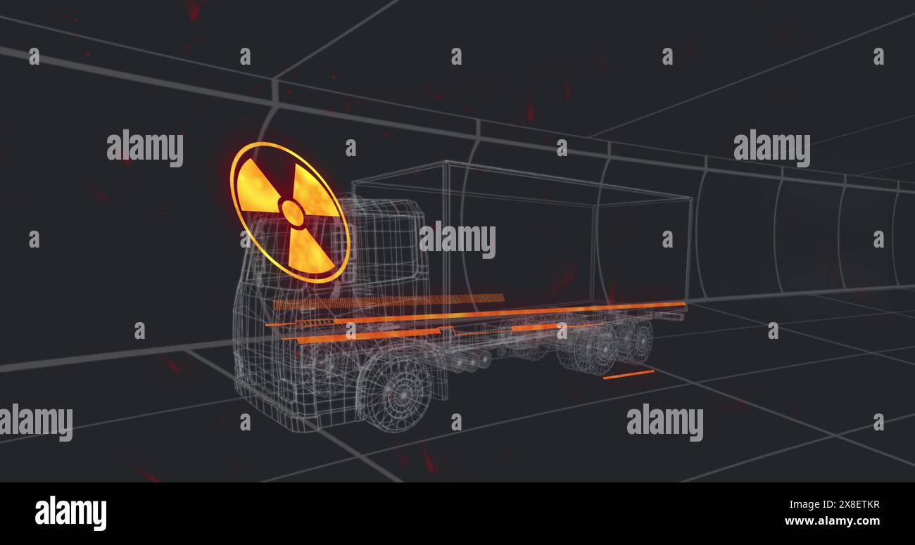 Bild des Warntextes 3D Automodell über Gitter auf schwarzem Hintergrund Stockfoto