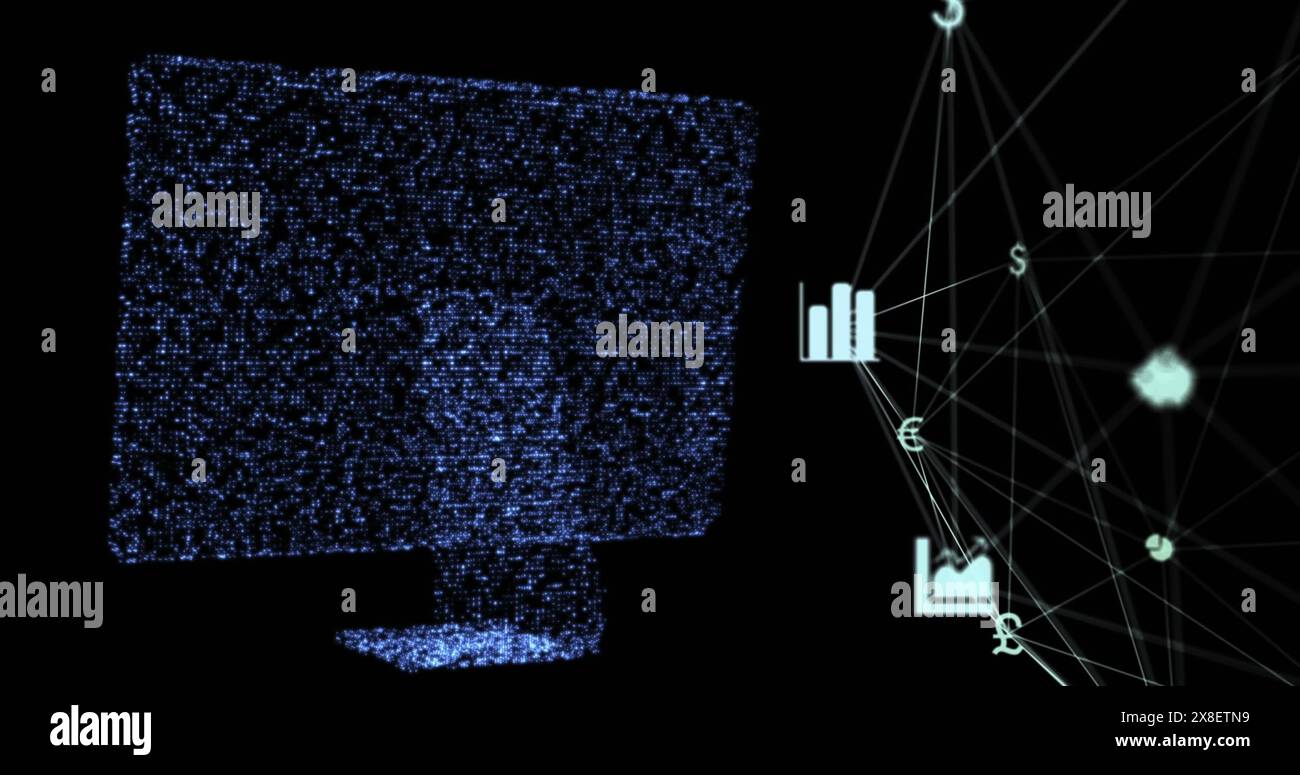 Abbildung: Netzwerk der Verbindungen über einem glühenden Computer auf schwarzem Hintergrund Stockfoto