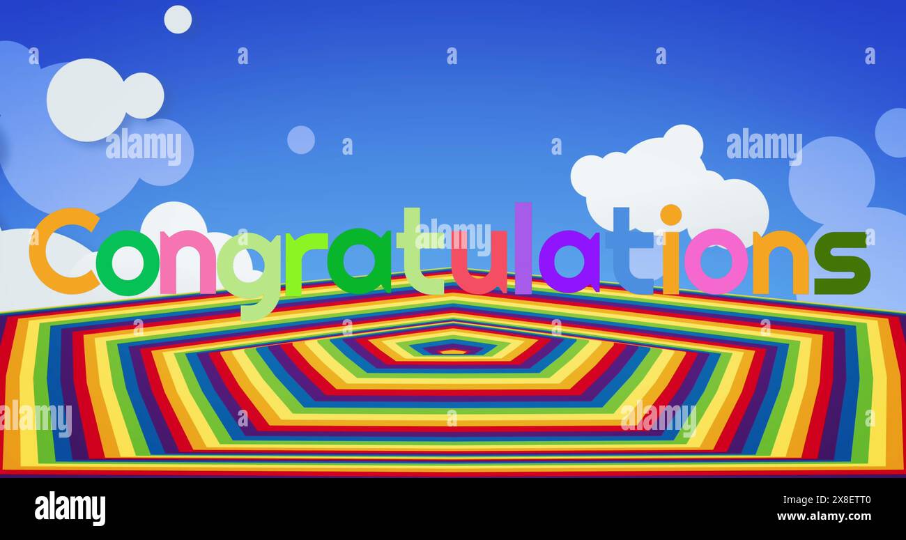 Bild: Glückwunschtext über Regenbogenform Stockfoto