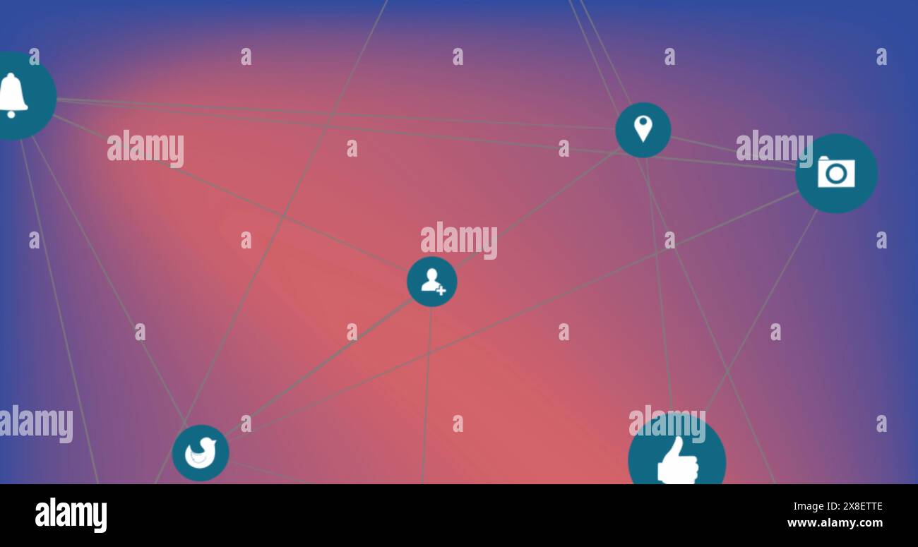 Abbildung des Netzwerks von Verbindungen mit Symbolen auf rotem Hintergrund Stockfoto