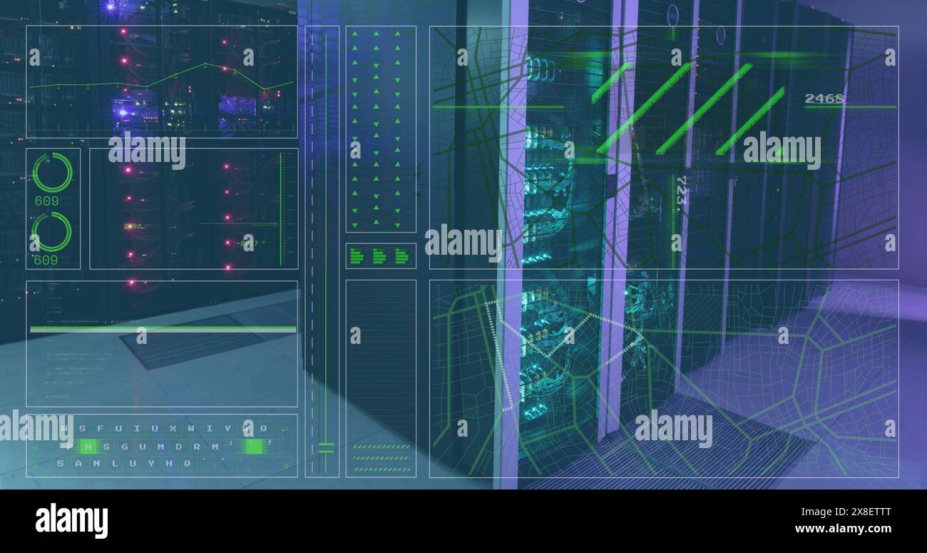 Bild der Datenverarbeitung über dem Serverraum Stockfoto