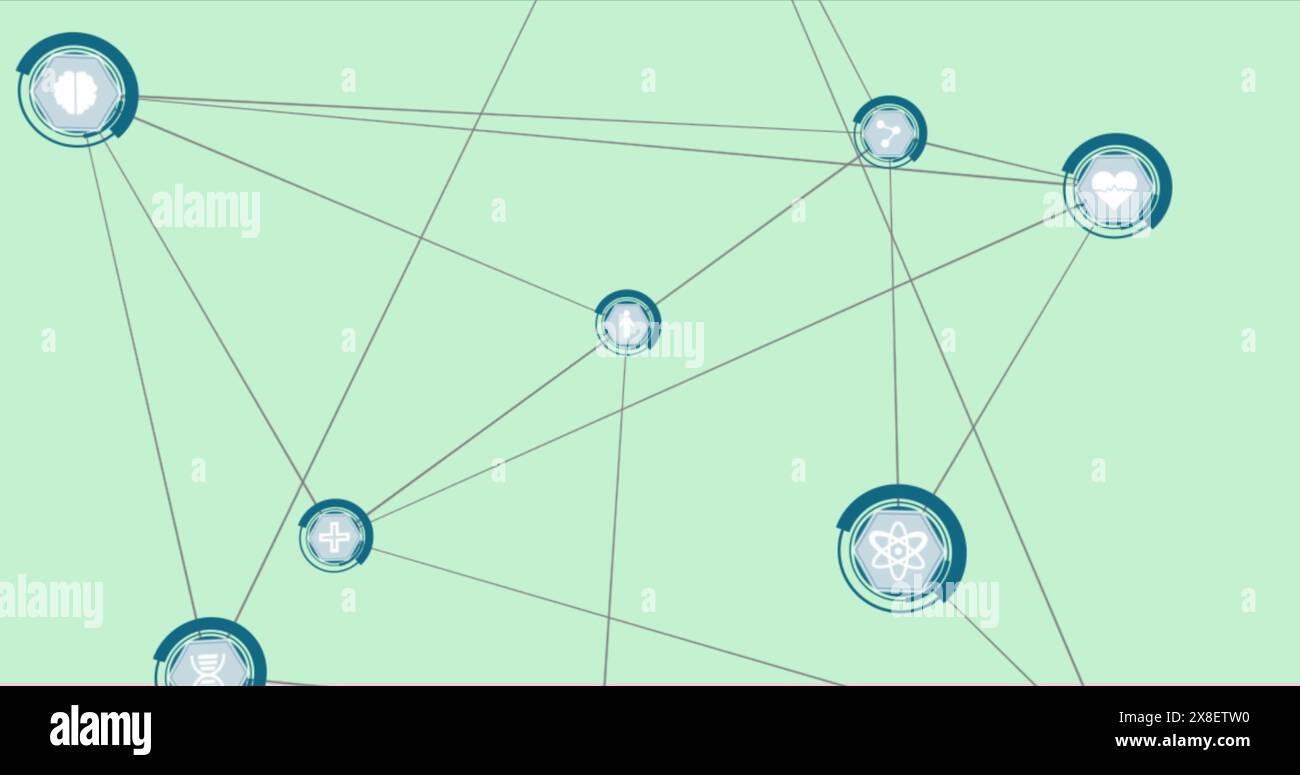Abbildung des Netzwerks von Verbindungen mit Symbolen auf grünem Hintergrund Stockfoto