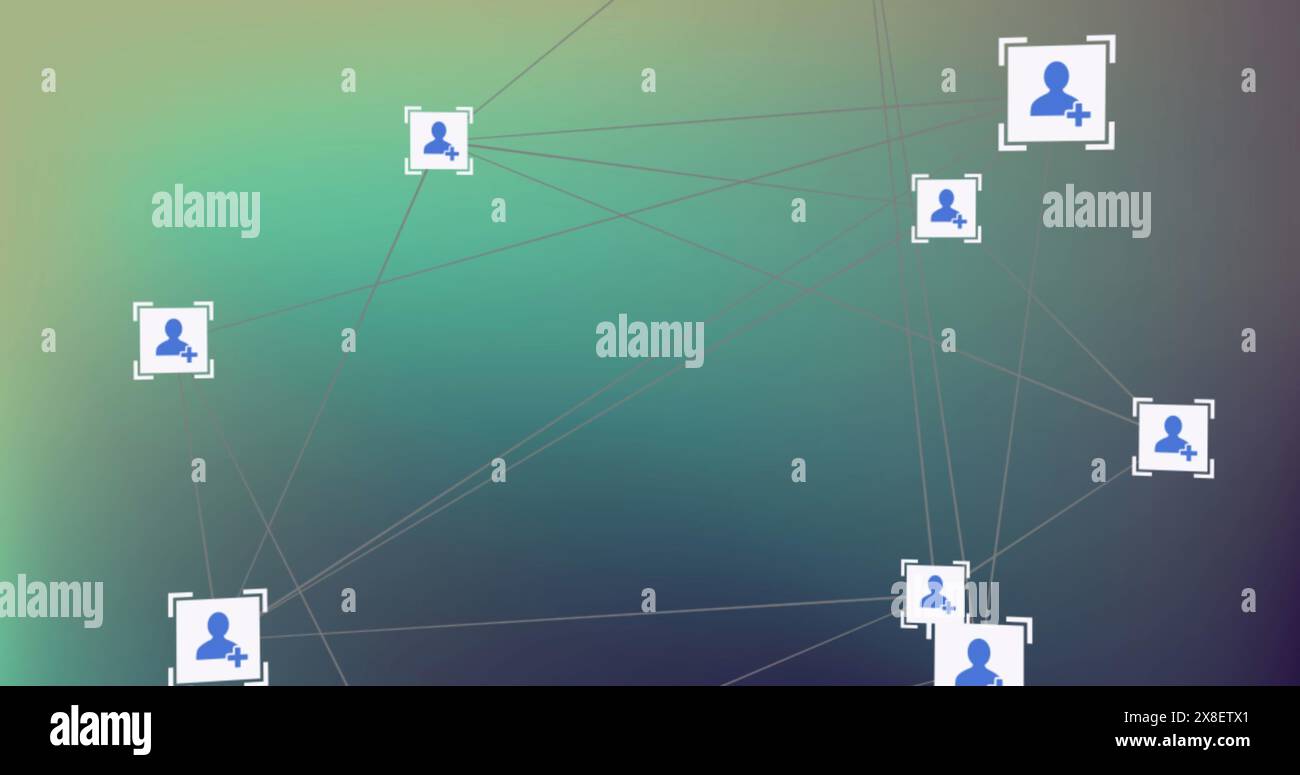 Abbildung des Netzwerks von Verbindungen mit Personensymbolen auf grünem Hintergrund Stockfoto