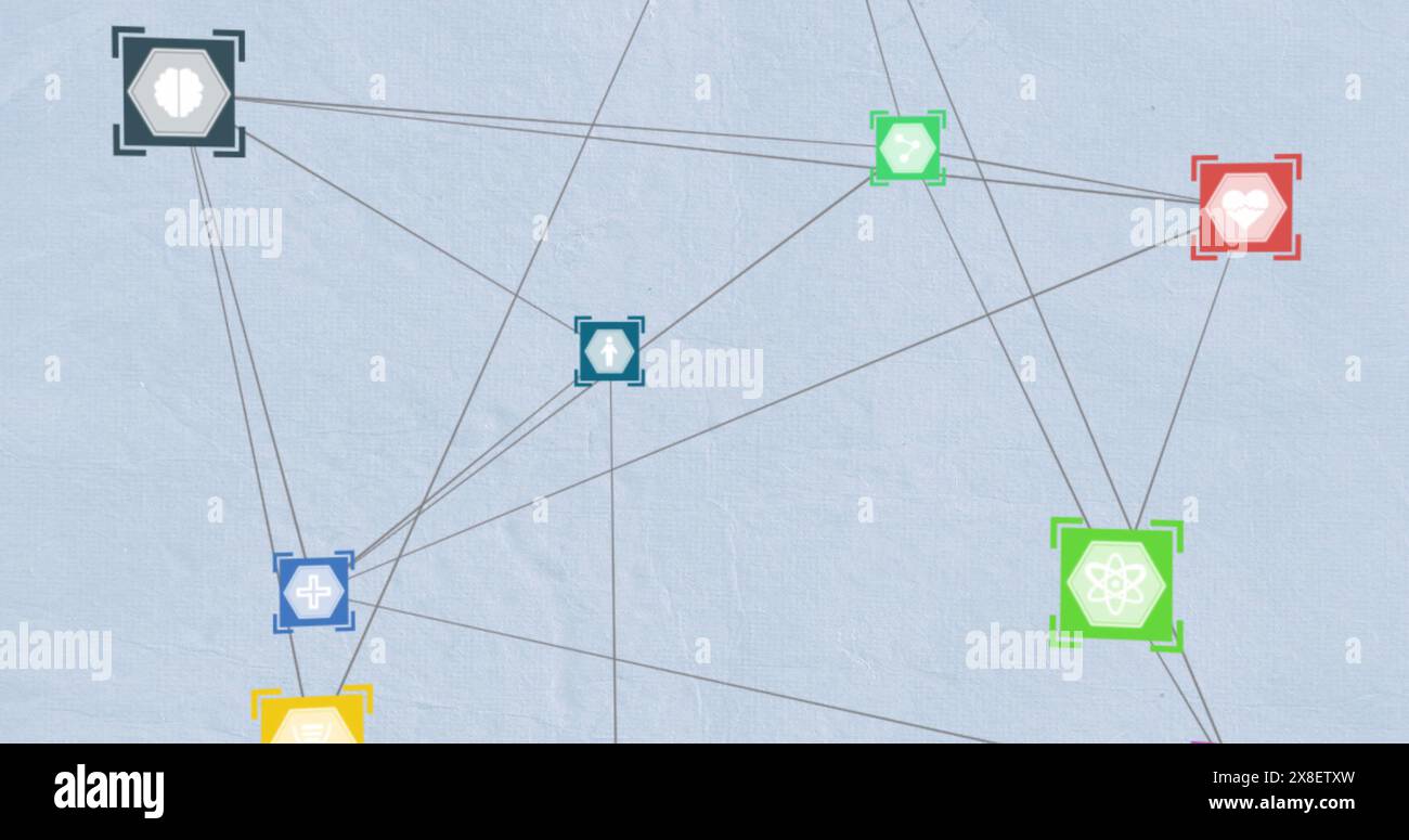 Abbildung des Netzwerks von Verbindungen mit Symbolen auf blauem Hintergrund Stockfoto