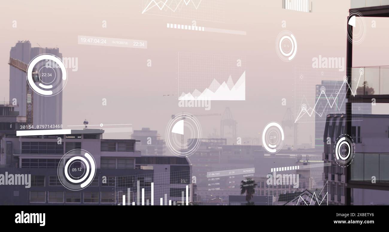 Bild der Datenverarbeitung über dem Stadtbild Stockfoto