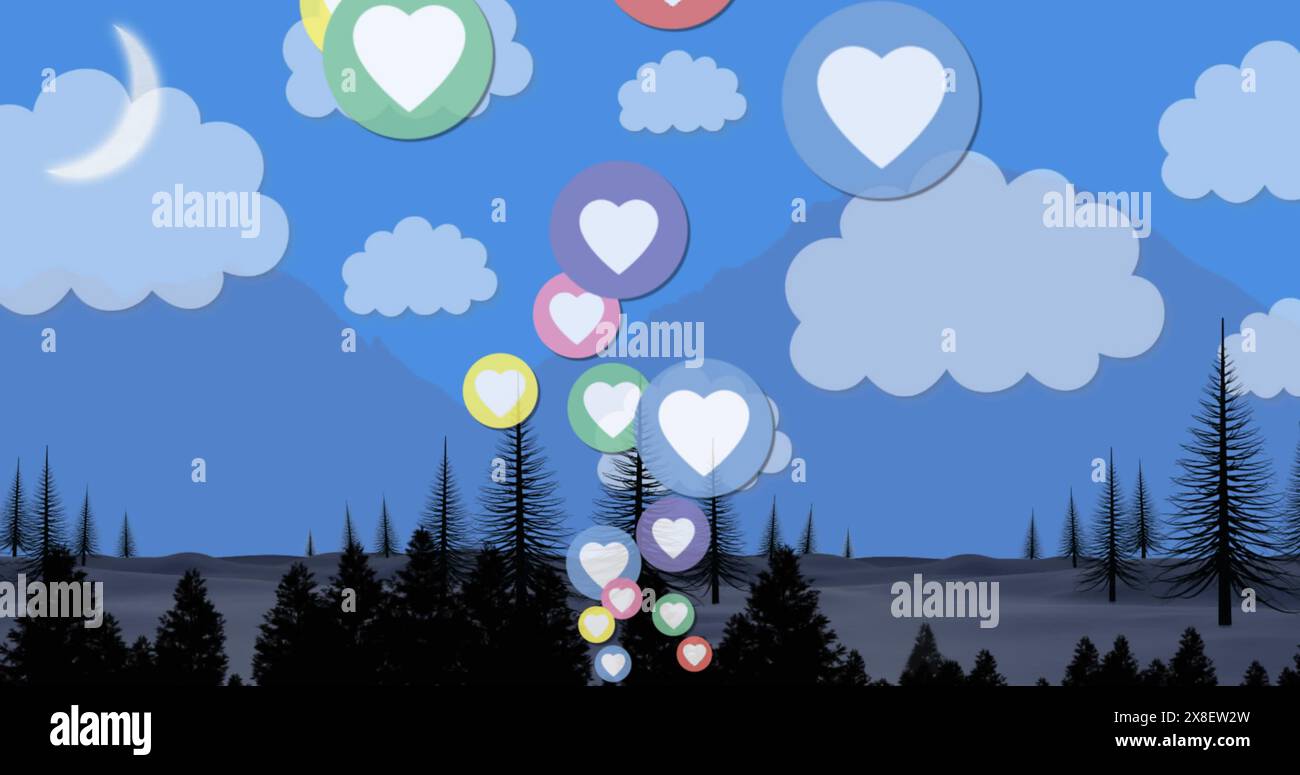 Bunte Ballons in Herzform, die nachts über dem Wald schweben Stockfoto