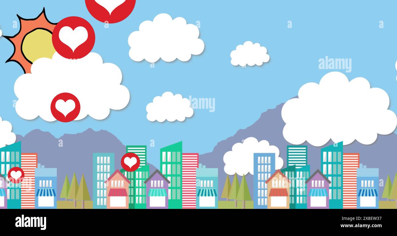 Farbenfrohe Illustration mit lebendiger Stadtlandschaft und Herzsymbolen Stockfoto