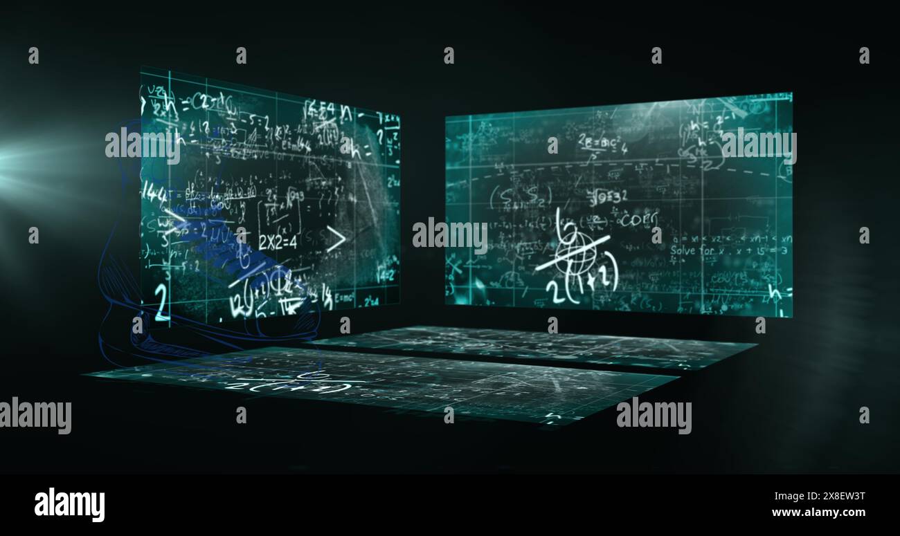 Transparente Bildschirme mit komplexen mathematischen Formeln, die im dunklen Klassenzimmer leuchten Stockfoto