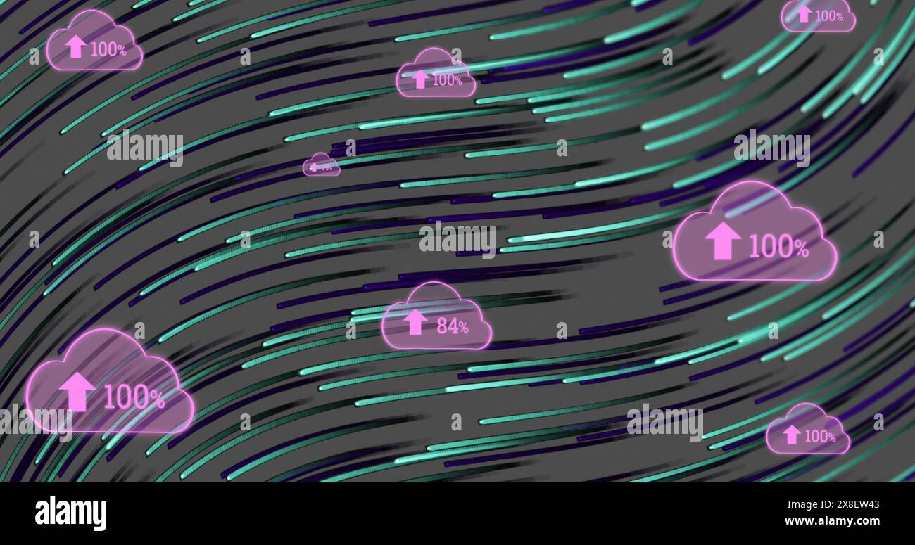 Wolkensymbole mit Aufwärtspfeilen und Prozentmarken sind im digitalen Raum frei beweglich Stockfoto