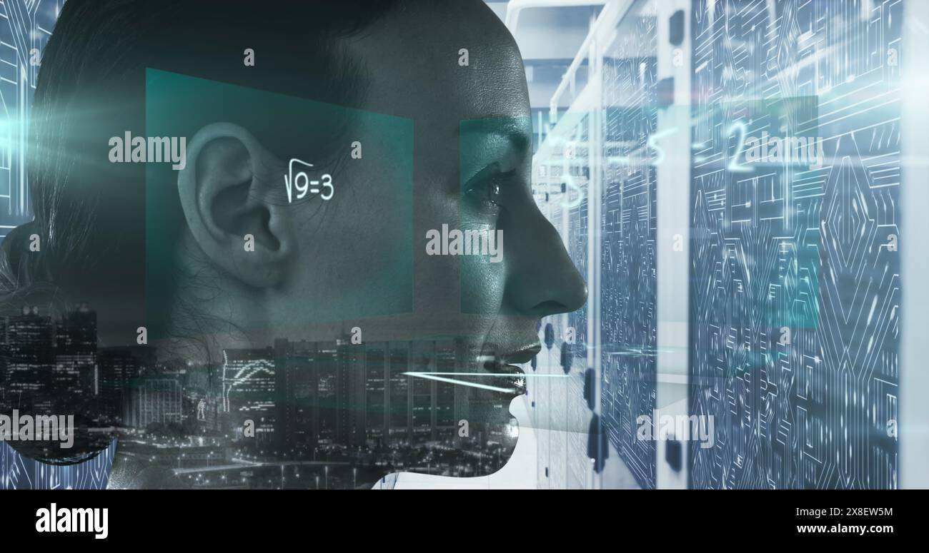 Mehrere sich ändernde Nummern und Netzwerk von Verbindungen gegen digitale Wellen auf grünem Hintergrund Stockfoto