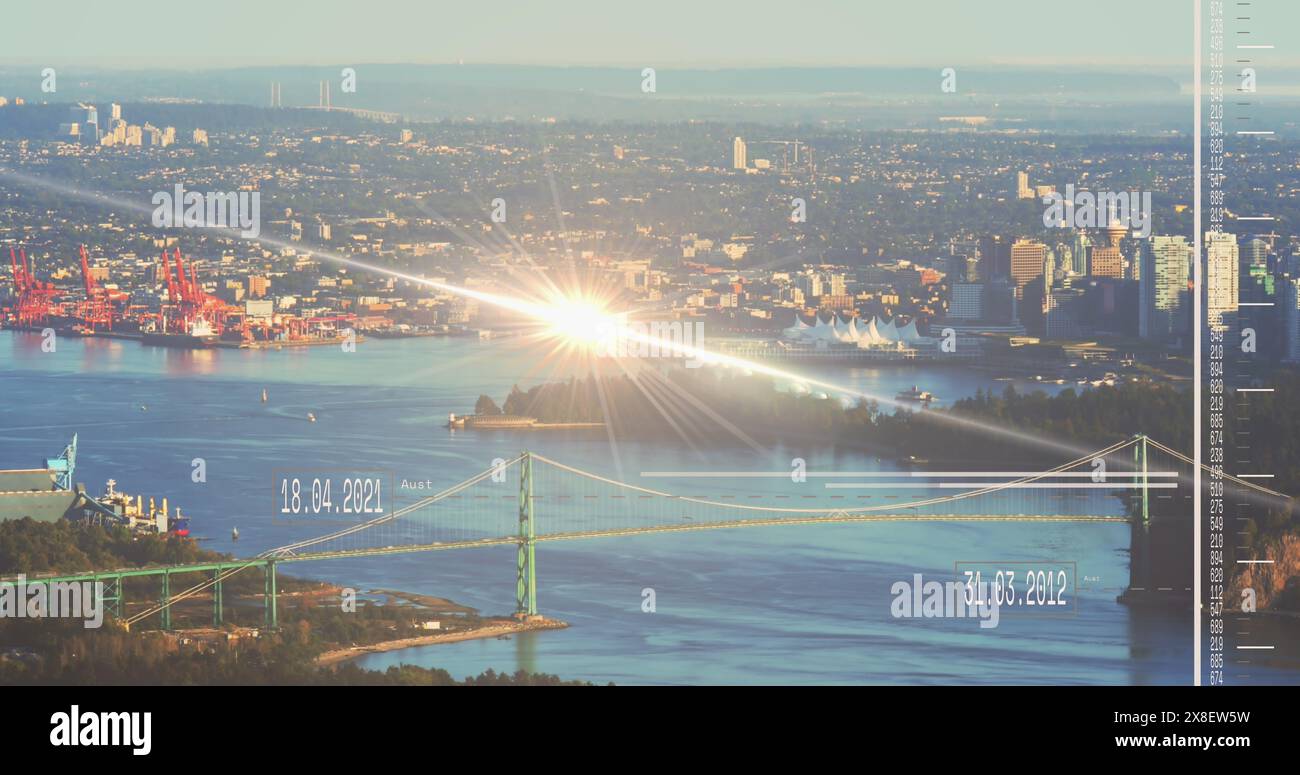 Sonnenlicht strahlt hell über der Skyline und Brücke der Stadt Stockfoto