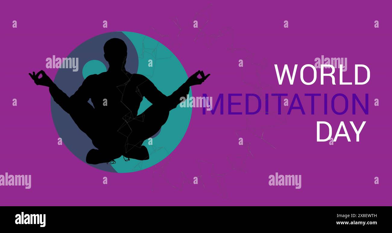 Bild des Meditationstags Text und Silhouette des Mannes in Yoga-Pose vor violettem Hintergrund Stockfoto