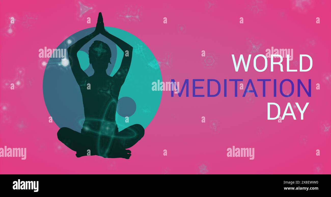 Bild molekularer Strukturen und Meditationstext über Silhouette einer Frau in Yogaposition Stockfoto