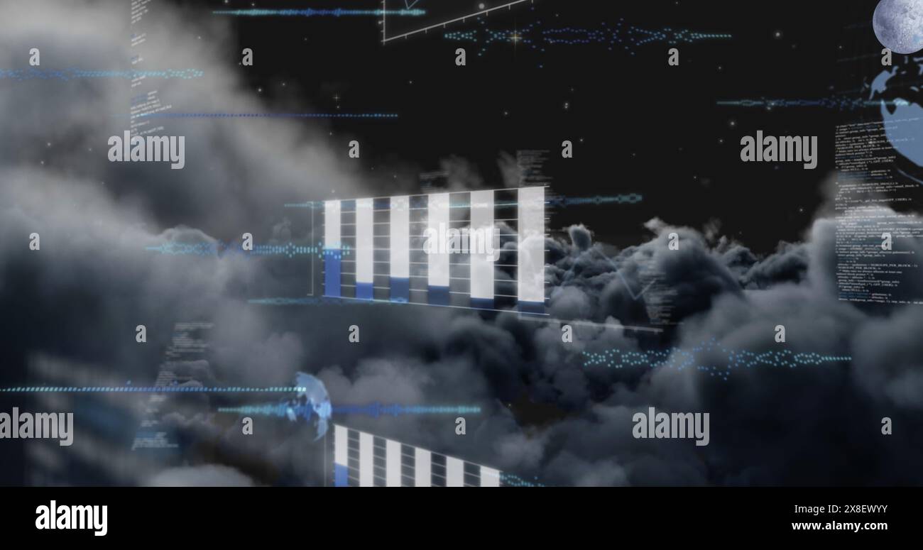 Bild der statistischen Datenverarbeitung gegen dunkle Wolken am Himmel Stockfoto