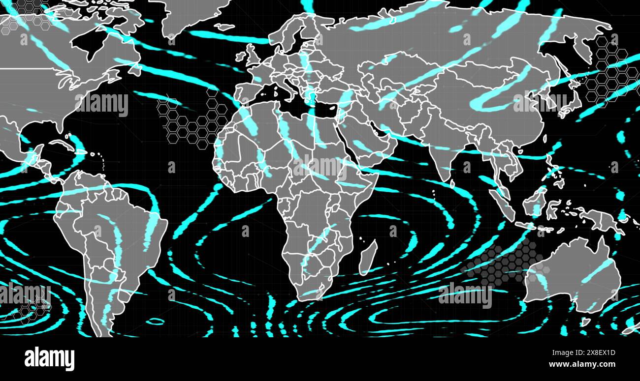 Bild der sich bewegenden Formen und Weltkarte auf schwarzem Hintergrund Stockfoto