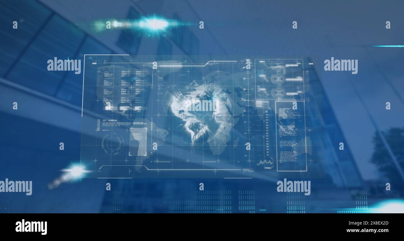 Bild der Computersprache über dem Globus, Ladebalken, Kreise vor dem niedrigen Winkel des Gebäudes Stockfoto