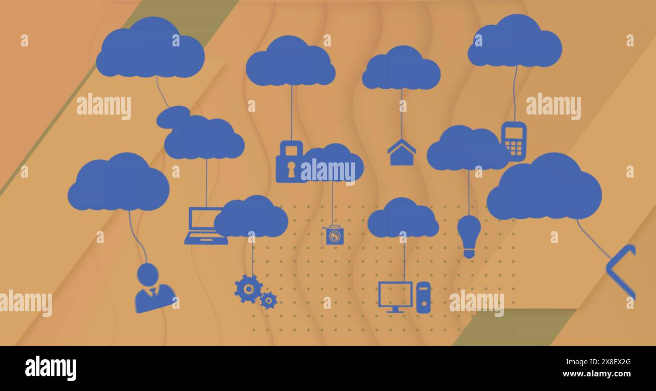Icons für Technologie und Cloud Computing verbinden sich über Leitungen Stockfoto