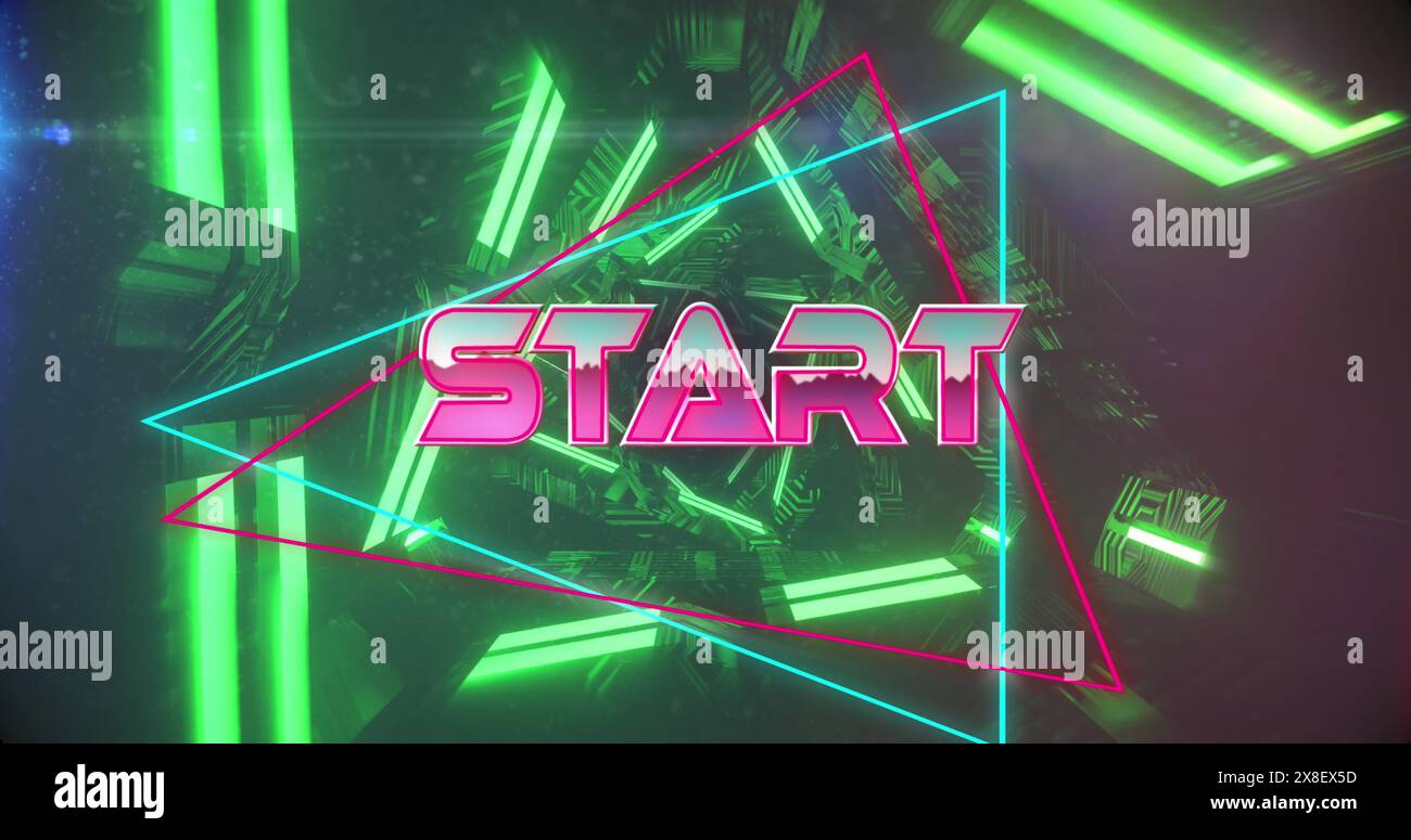 Bild des Anfangstextes über Neonlinien und -Muster Stockfoto