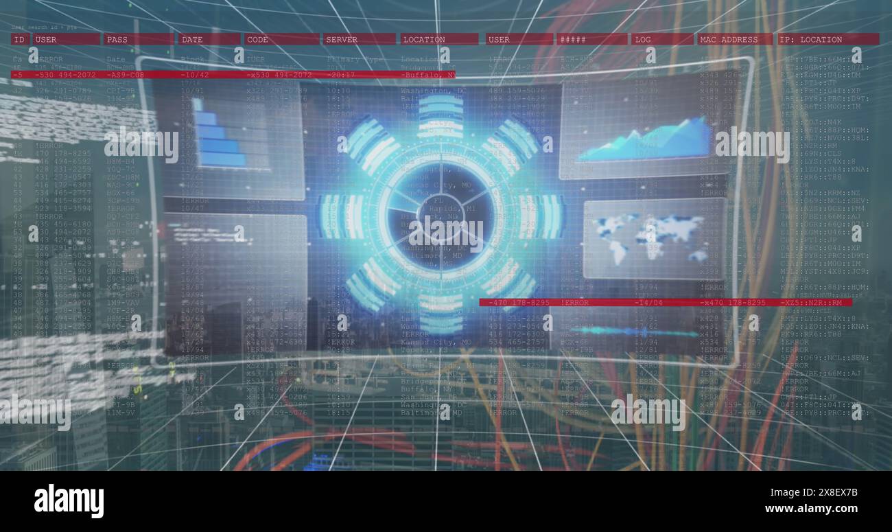 Bild von Bildschirmen mit Datenverarbeitung gegen Nahaufnahme eines Computerservers Stockfoto