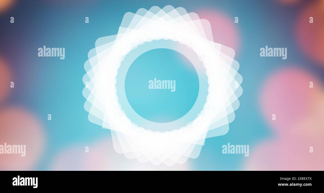 Bild von Schichten mit weißem Muster, die sich über blauem und rosafarbenem Hintergrund drehen Stockfoto