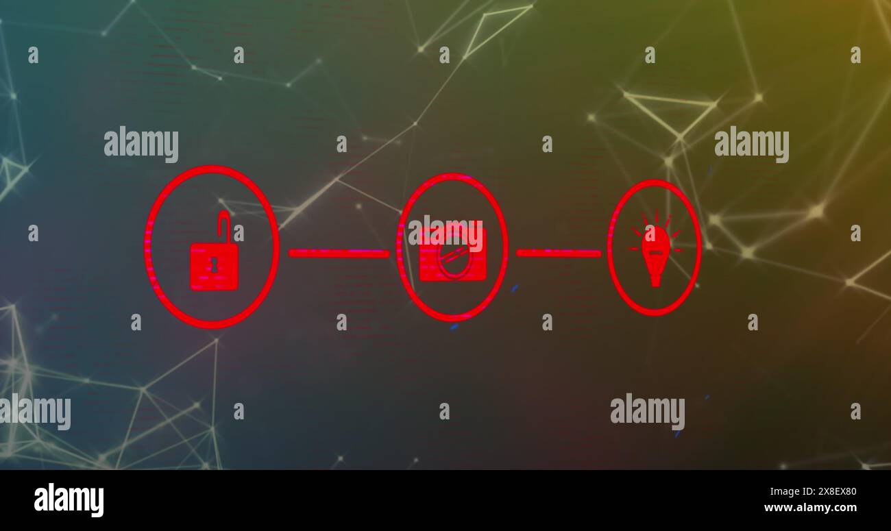 Bild des Netzwerks aus digitalen Symbolen und Plexusnetzwerken vor verlaufendem Hintergrund Stockfoto