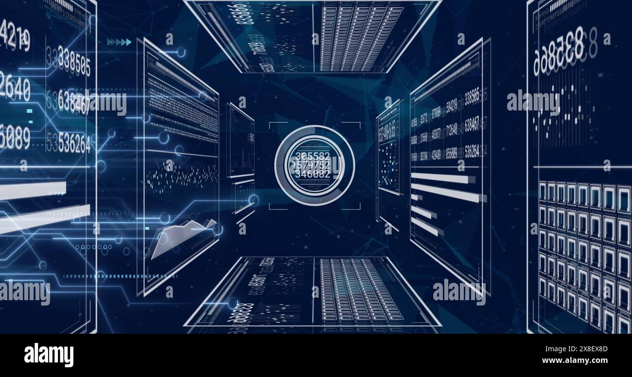 Abbildung: Sich ändernde Zahlen in Kreisen, Balken über verbundene Punkte laden, die Form bilden Stockfoto