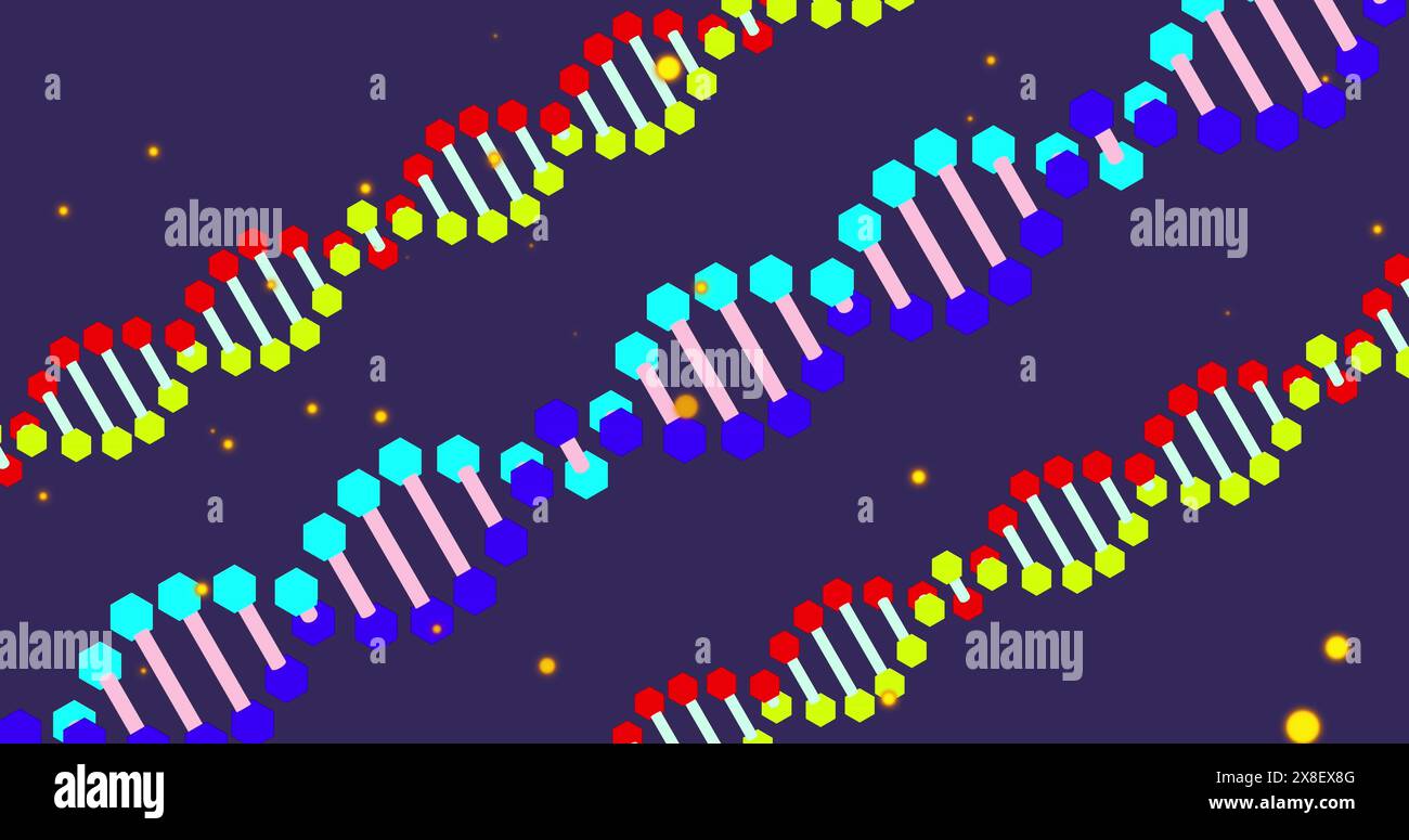 Abbildung von gelben Flecken über dna-Strukturen, die sich vor blauem Hintergrund drehen Stockfoto