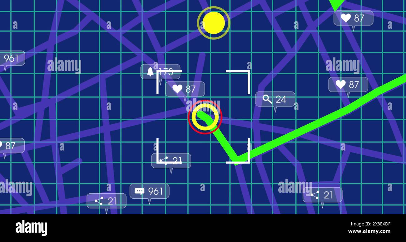 Bild von Social-Media-Symbolen über den Linien der Navigationskarte vor blauem Hintergrund Stockfoto