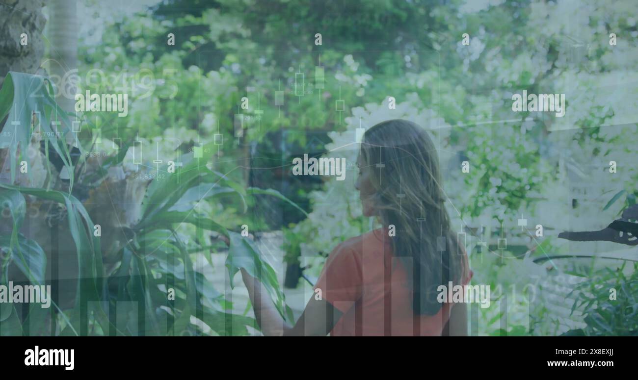 Abbildung mehrerer Diagramme über der Rückansicht von birassischen Frauen, die Pflanzen berühren Stockfoto
