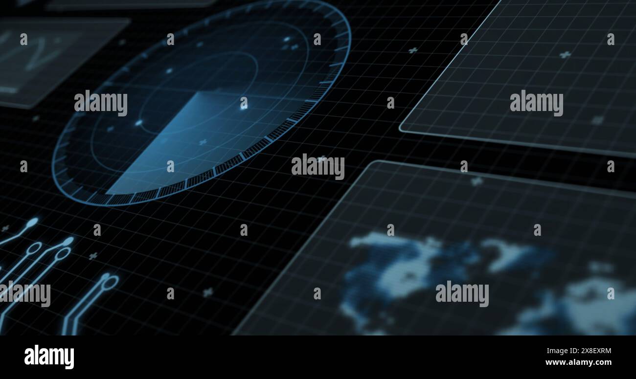 Bild der Radar-, Karten- und Computersprache mit Leiterplattenmuster auf schwarzem Hintergrund Stockfoto
