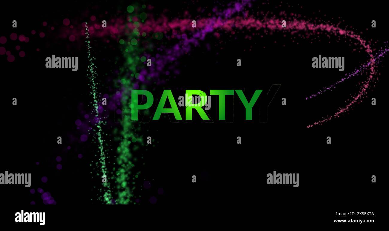 Bild von grünem Partytext und Lichtspuren auf schwarzem Hintergrund Stockfoto
