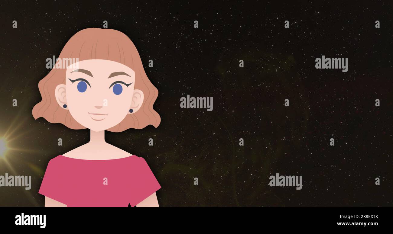 Eine Cartoon-Frau mit kurzen welligen Haaren und blauen Augen steht vor einem sternenklaren Nachthimmel Stockfoto