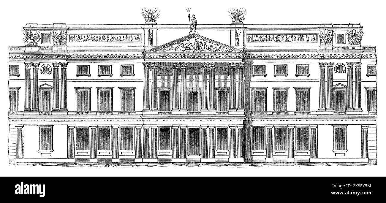 1854 Vintage-Gravur eines Teils der vorderen Erhebung des Buckingham Palace, der königlichen Residenz in London. Stockfoto