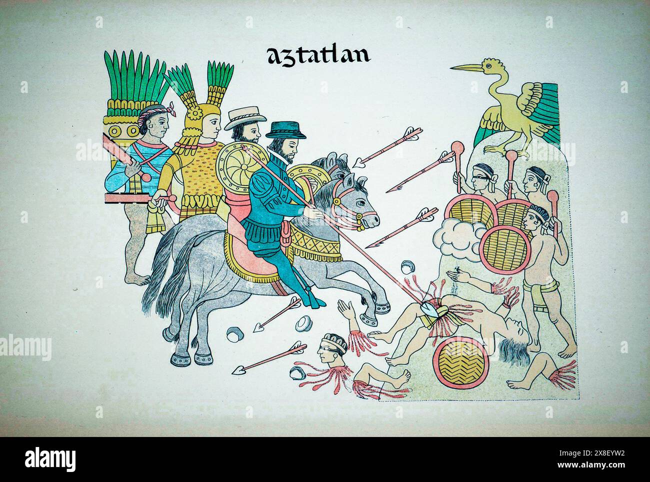 Schlacht von Aztatlan. Tafel 66 der Geschichte von Tlaxcala von Diego Munoz Camargo, 1585. Alfredo Chavero Ausgabe von 1892 Stockfoto