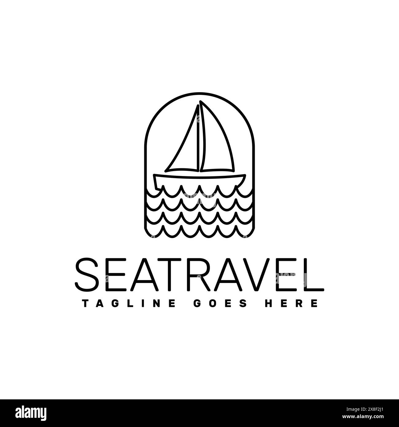 Line Art SEA Travel Logo Vorlage, ein Boot, das auf dem Meer fährt Stock Vektor