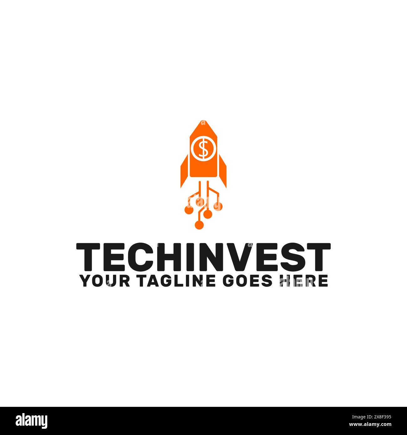 Eine Rakete mit Dollarzeichen, die mit Technologieschild hochfliegt. Logo-Vorlage für technische Investitionen für Startups Stock Vektor