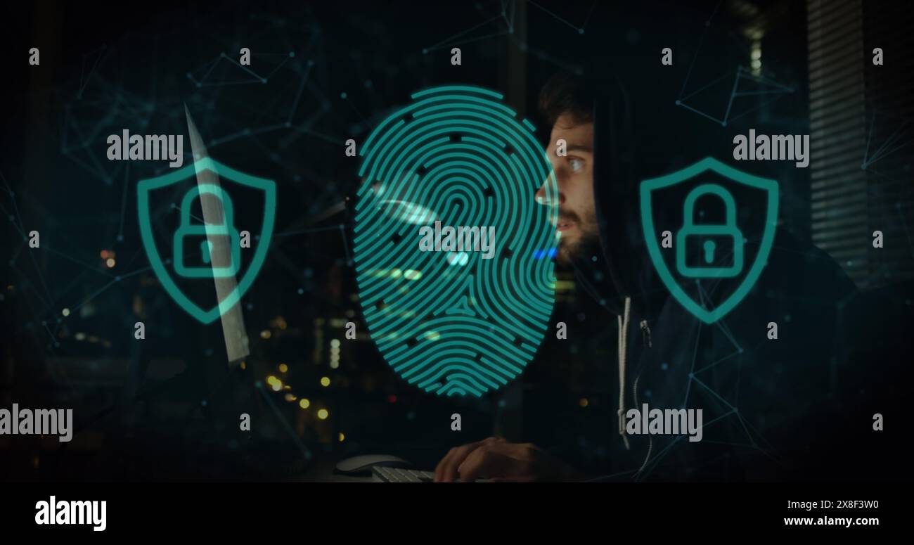 Kaukasischer junger Fachmann, der digitale Schnittstellen untersucht, mit Schwerpunkt auf Fingerabdruck Stockfoto