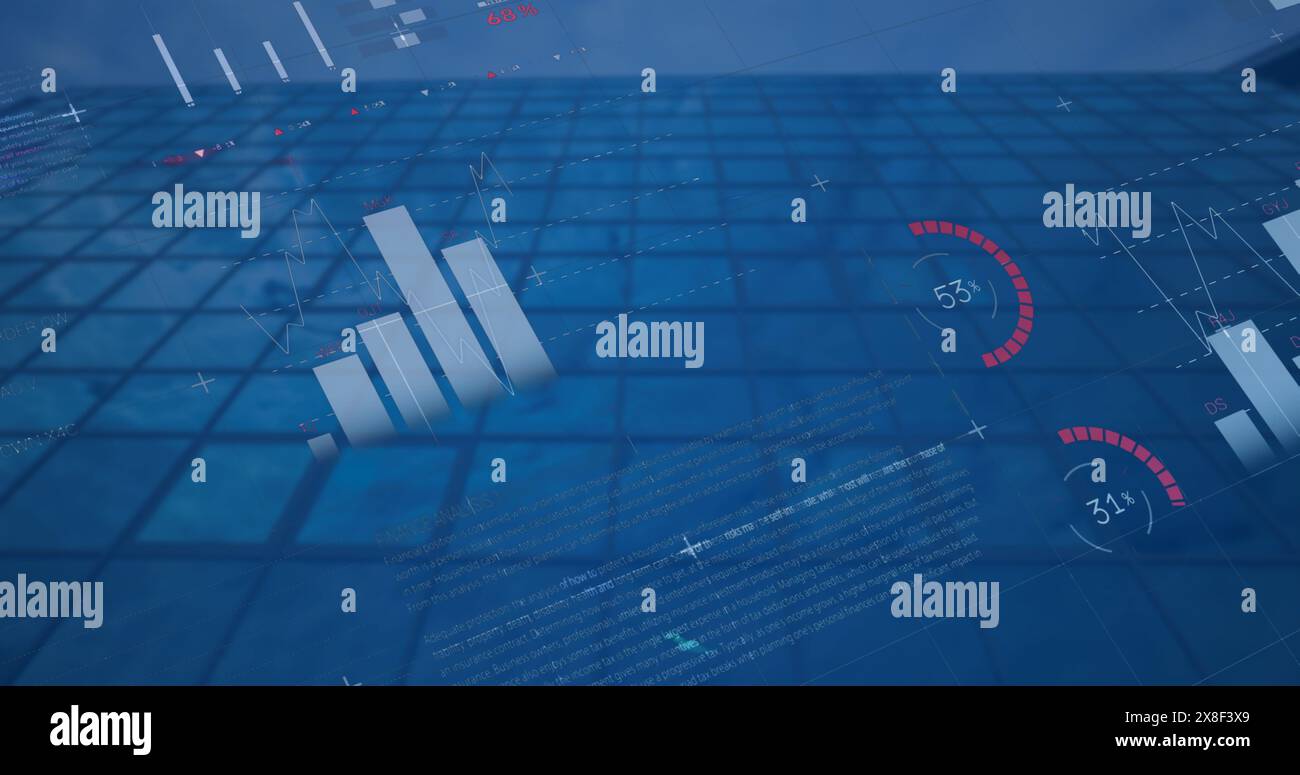 Bild der statistischen Datenverarbeitung bei niedriger Sicht auf ein hohes Gebäude Stockfoto