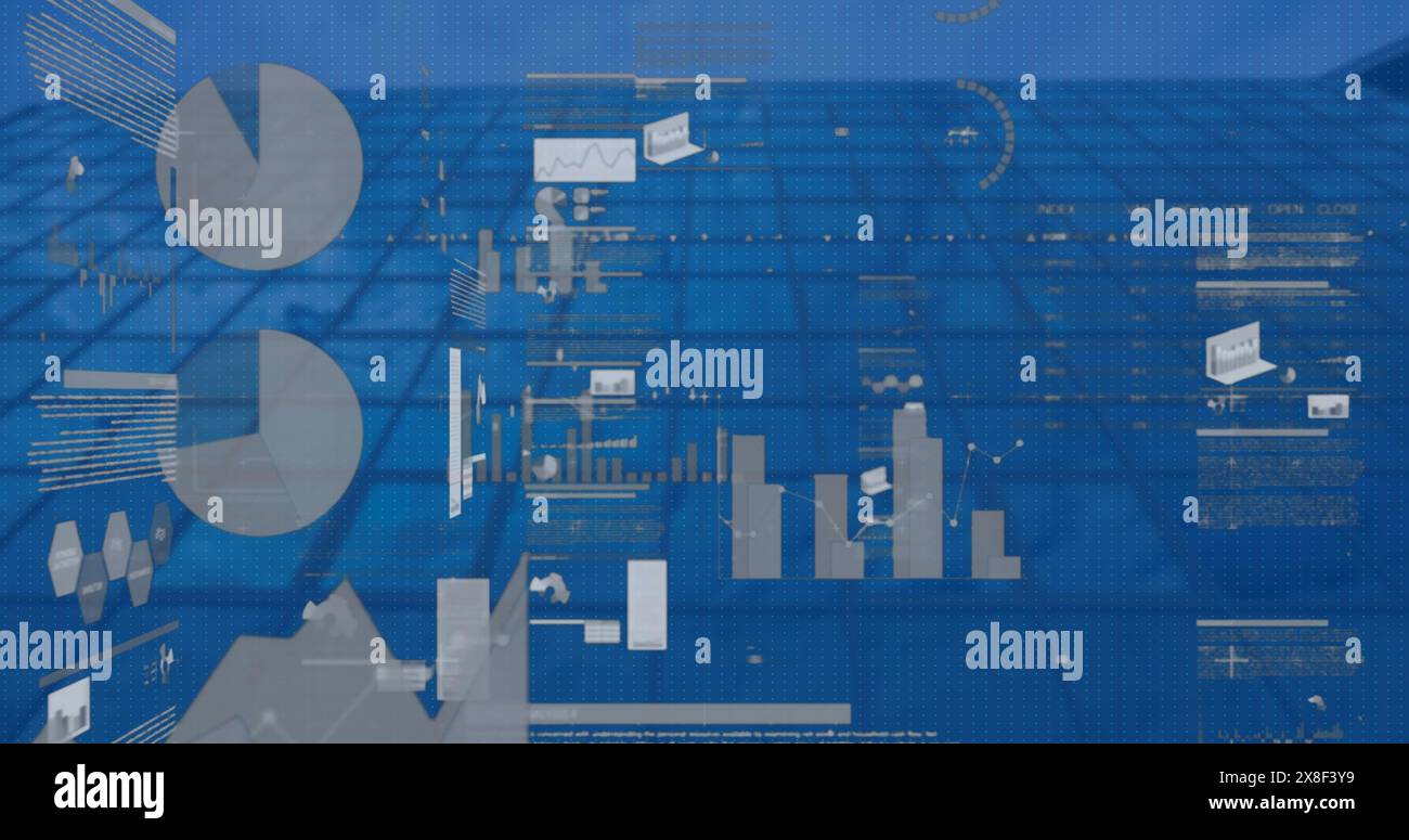 Bild der statistischen Datenverarbeitung bei niedriger Sicht auf ein hohes Gebäude Stockfoto