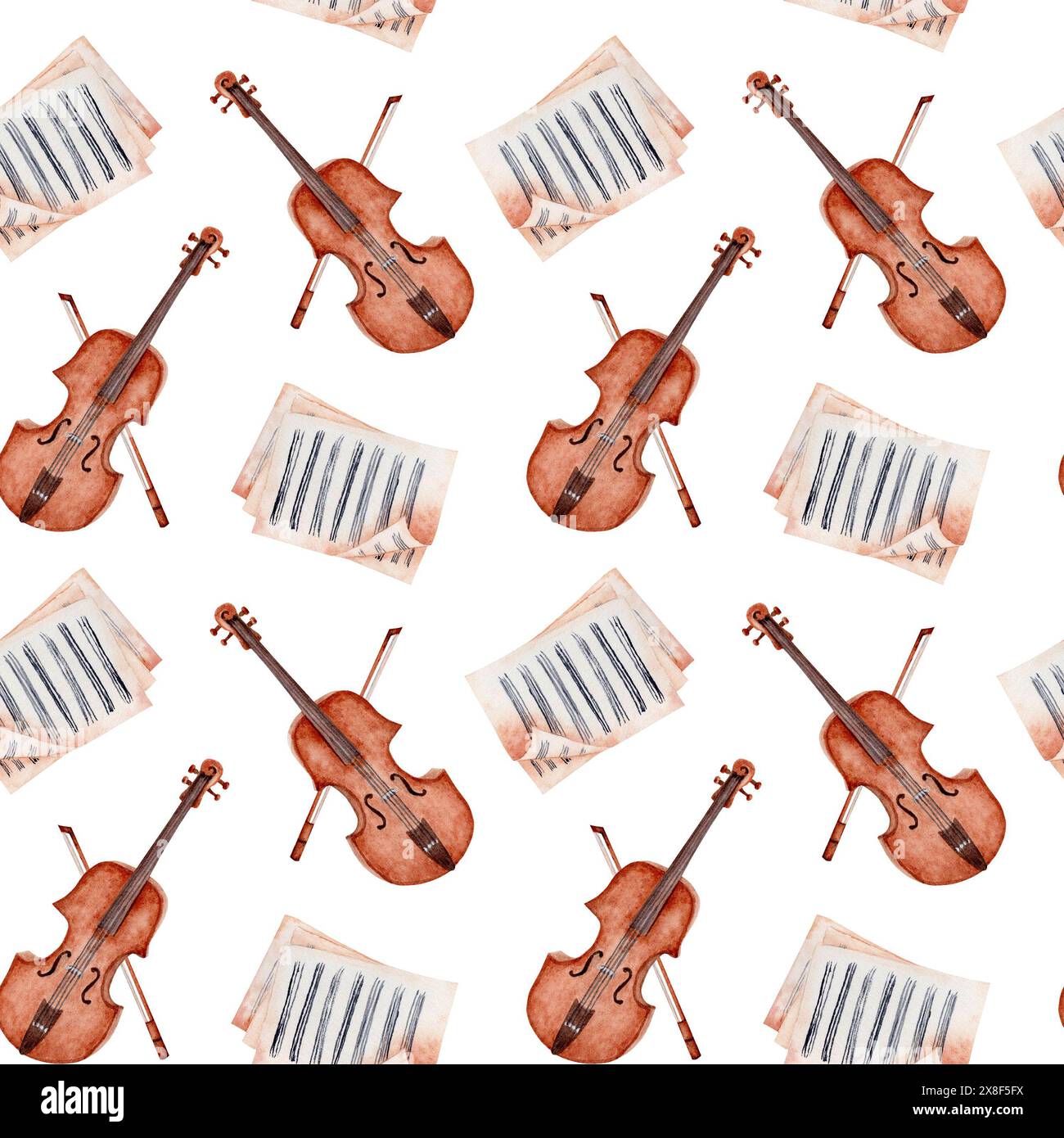 Nahtloses Muster mit Violine, Bogen und Noten. Klassische Streichinstrumenttapete. Handgezeichnete Aquarellillustration isolierter Hintergrund Stockfoto